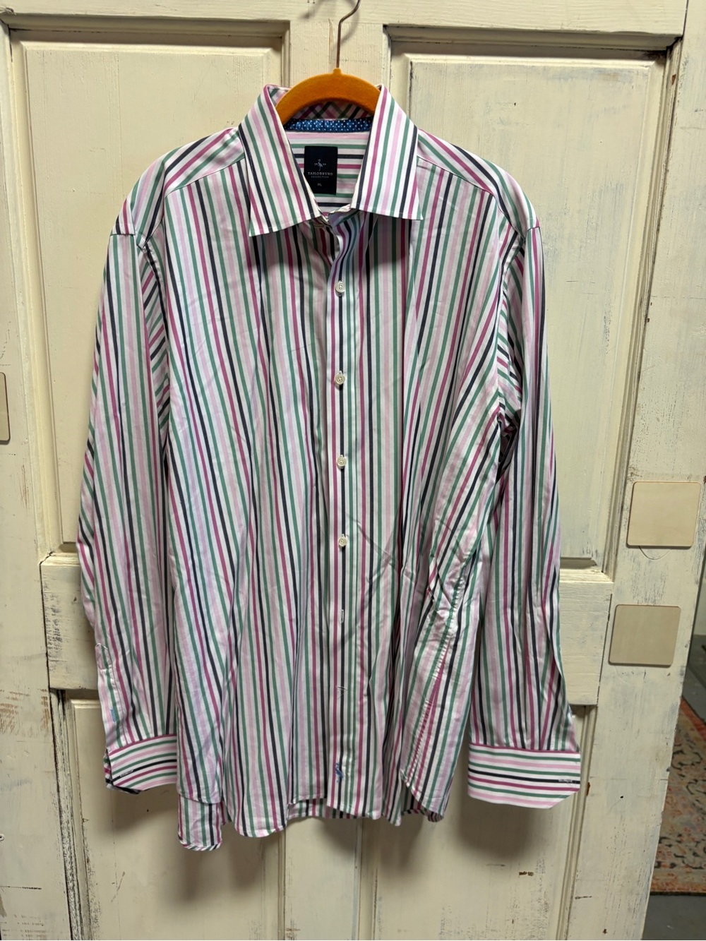 Tailorbyrd White Dress Shirt with Pink & Green Stripes